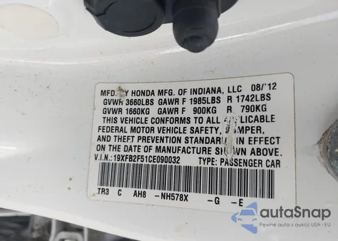 2012 Honda Civic Lx из США, поврежденный, VIN 19XFB2F51CE090032